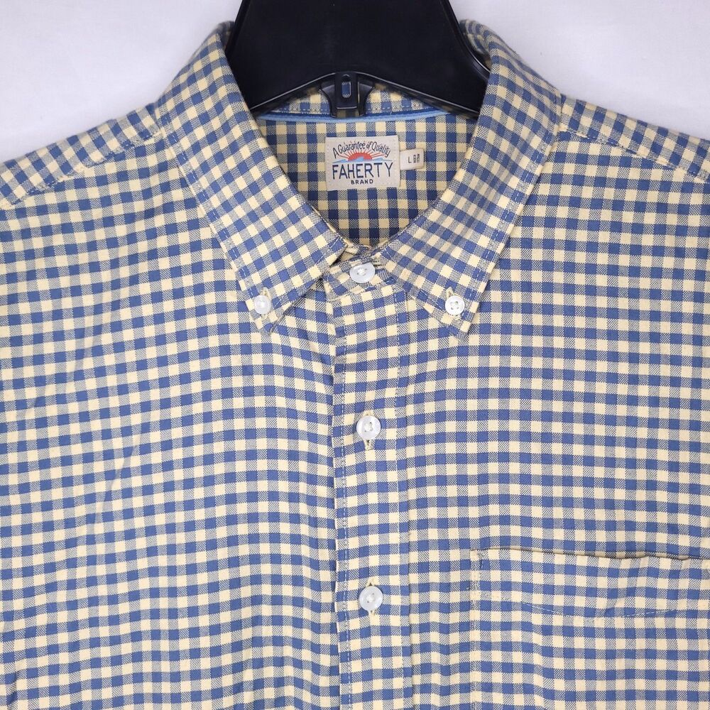 Faherty Shirt Mens Large Gingham Blue, Yellow Stretch Oxford 2.0